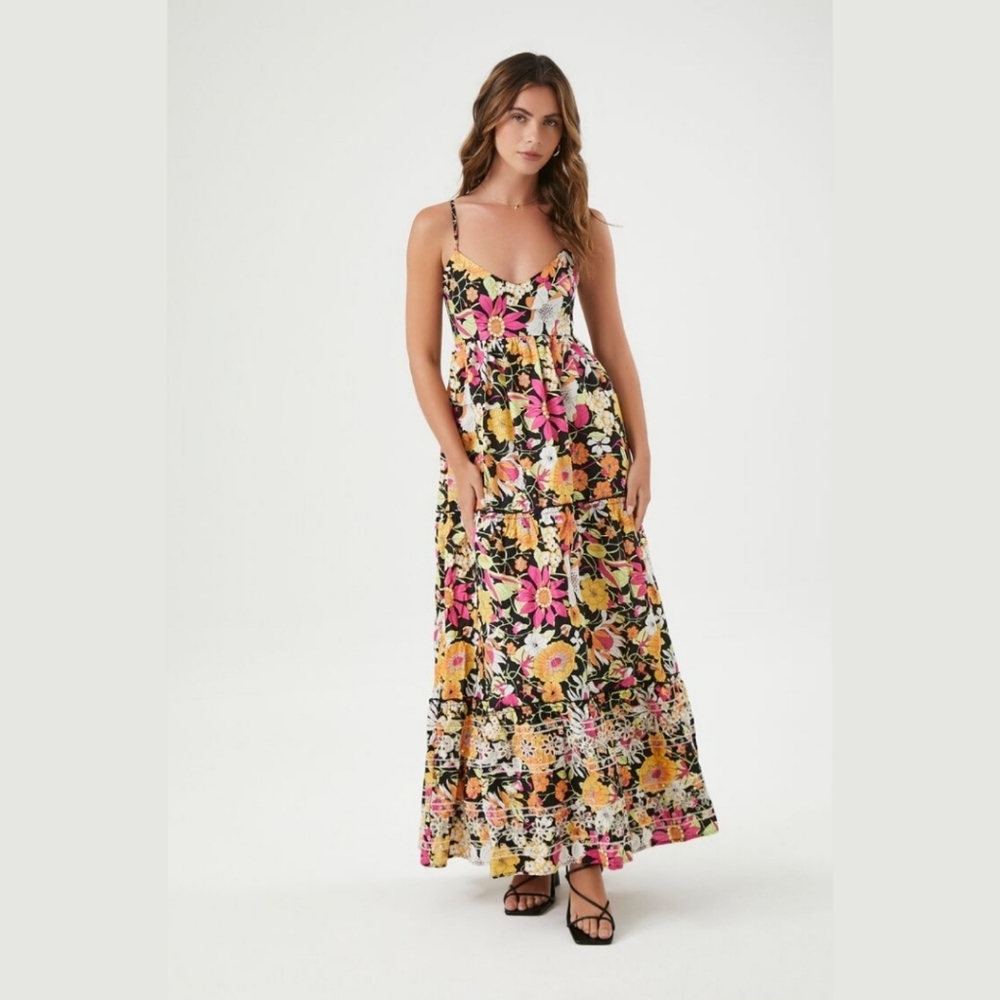 Forever 21 Poplin Floral Maxi Dress Sleeveless V Neck Boho